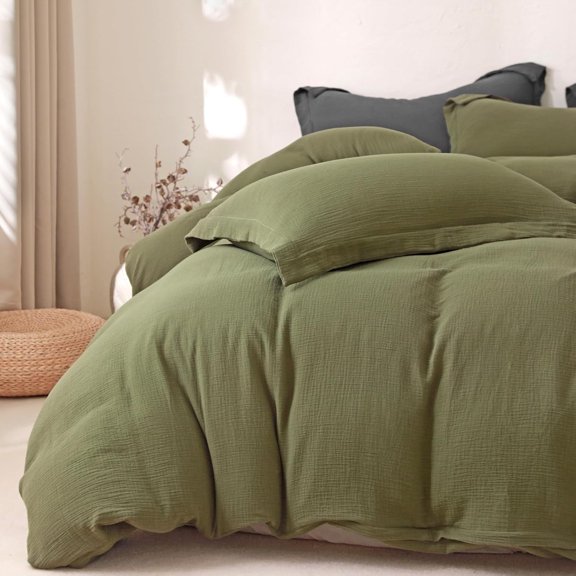 MorroMorn Muslin Duvet Cover Twin Size, 100% Breathable Cotton 2-Layer Gauze Comforter Cover Set 3 Pieces with 2 Pillowcases Zipper Closure & Corner Ties, Ultra Soft Linen Like, 68"x90", Olive Green