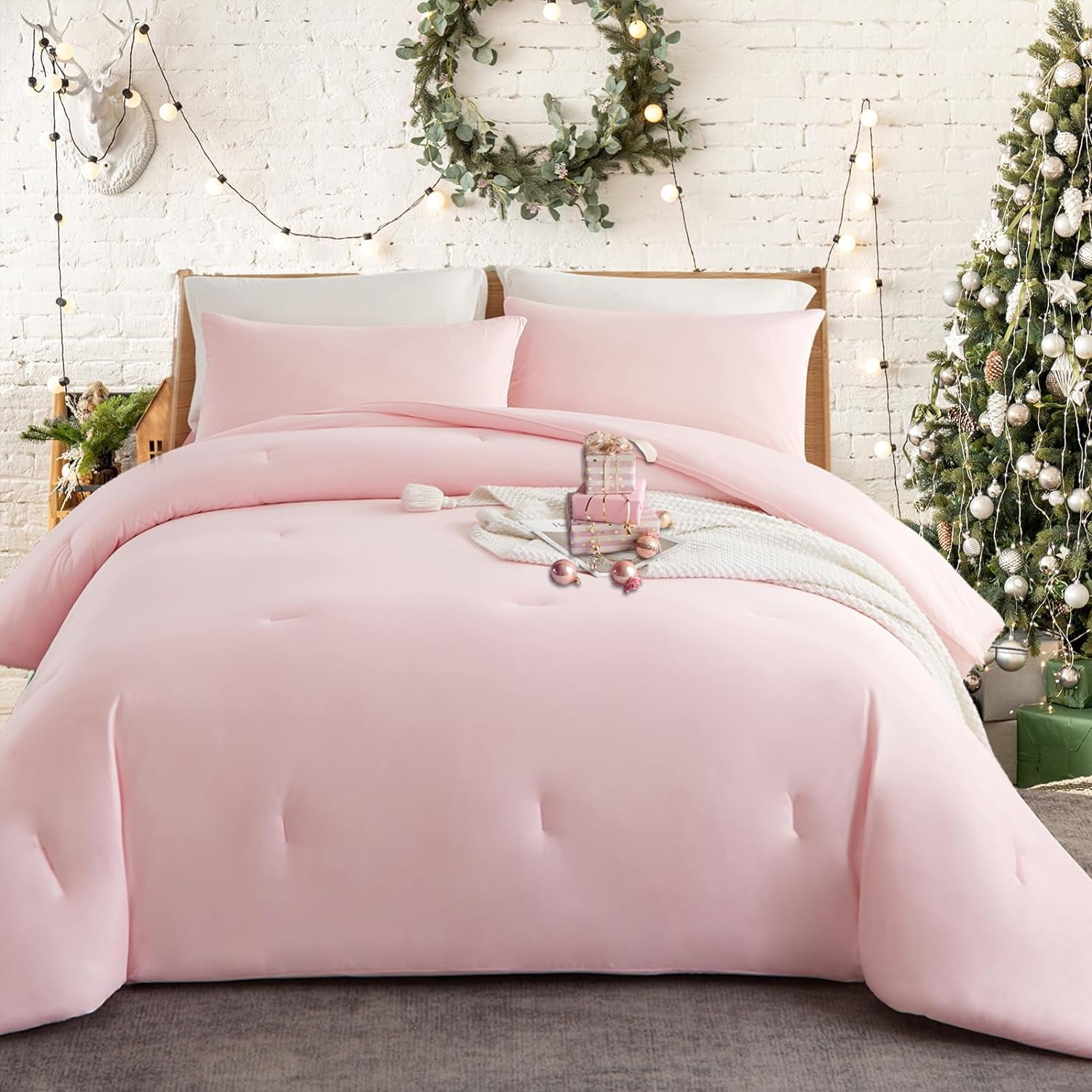 MorroMorn Pink Comforter Set Queen, 4 PCS Pink Bed Set with CloudLike