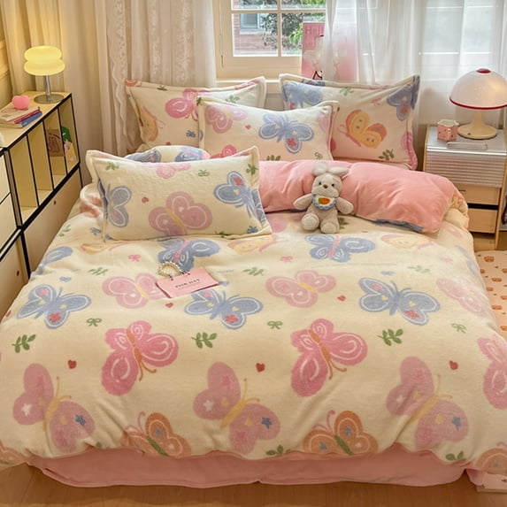 MorroMorn Pink Duvet Cover Queen, Butterfly Kids Bedding Sets, Fluffy Comforter Covers Set, Down Alternative Blanket Ultra Soft Kawaii Cute for Girls Teen Women Full Double Size