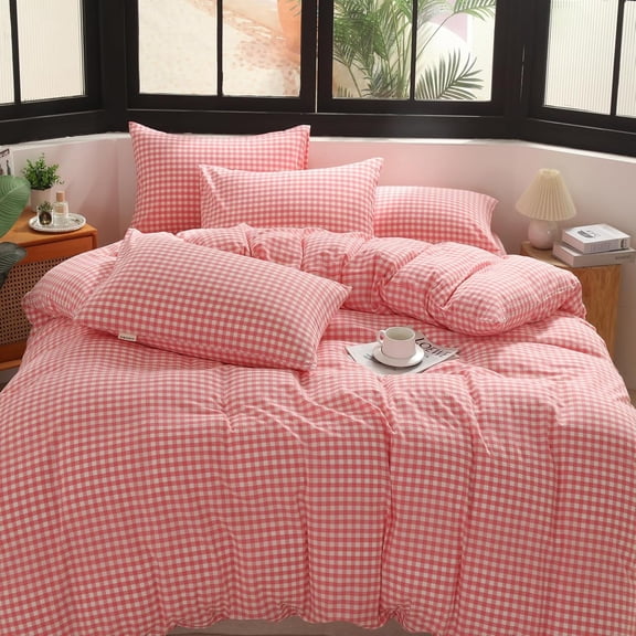 MorroMorn Pink Gingham Duvet Cover Set 100% Washed Cotton Linen Like Soft, 3 PCS Bedding Sets Comforter Cover & 2 Pillowcases - Breathable Comfy Cute Checkered Plaid for Girls Women (King 104"x90")