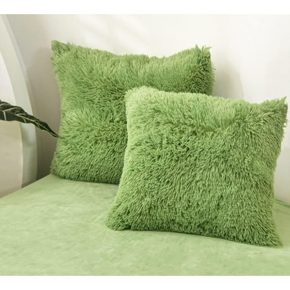 MorroMorn Shaggy Throw Pillow Covers, Luxury Long Faux Fur Pillows Shams, Square Pillow Cases Set, Pack of 2 Pillowcase Decorative Cushion Cover for Bed Couch Soft Zipper Closure Room Decor (Green)