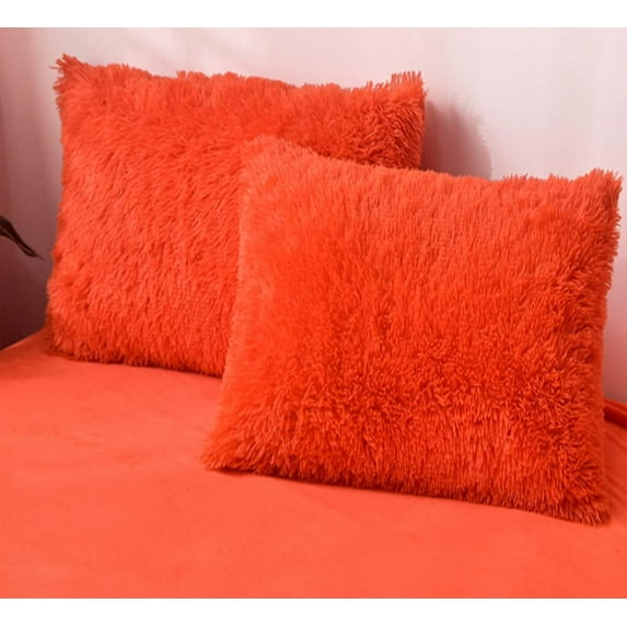 MorroMorn Shaggy Throw Pillow Covers, Luxury Long Faux Fur Pillows Shams, Square Pillow Cases Set, Pack of 2 Pillowcase Decorative Cushion Cover for Bed Couch Soft Zipper Room Decor (Orange)