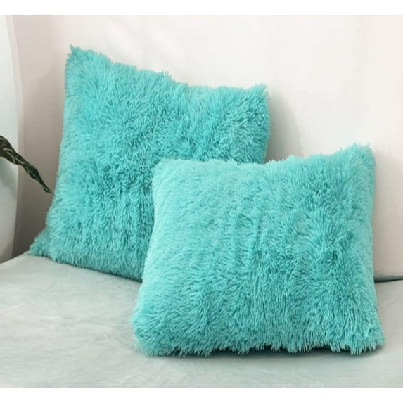 MorroMorn Shaggy Throw Pillow Covers, Luxury Long Faux Fur Pillows Shams, Square Pillow Cases Set, Pack of 2 Pillowcase Decorative Cushion Cover for Bed Couch Soft Fluffy Zipper Room Decor (Aqua)