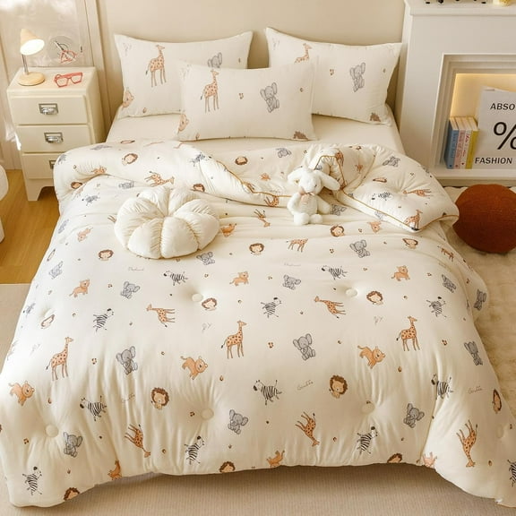 MorroMorn Super Soft Comforter Twin, 3 PCS Twin Bedding Sets - Thick Fluffy Comforter with 2 Pillowcases Neutral for Girls Boys Kids Baby, Lightweight Warm Cozy for Fall Winter (Cute Animals)