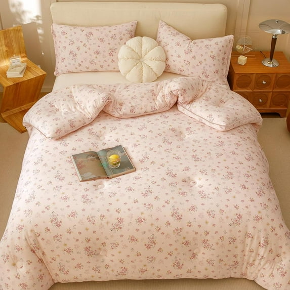 MorroMorn Super Soft Comforters Queen Size Pink Bed Set, 3 PCS Bedding Sets - Thick Fluffy Comforter with 2 Pillowcases for Girls Kids Teen, Lightweight Warm Cozy for Fall Winter (Pink Flowers)