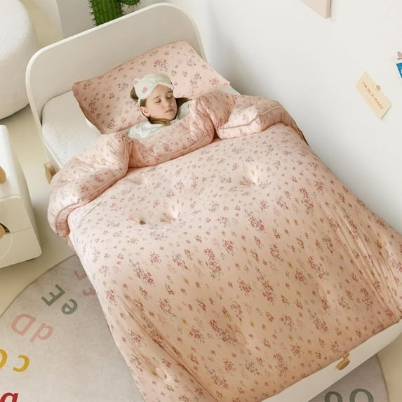 MorroMorn Super Soft Toddler Bedding Set, Thick Fluffy Comforter Sets Neutral Pink Bed Set with Pillowcase for Girls Kids Baby, Floral Shabby Chic Lightweight Noiseless (Pink Flowers)