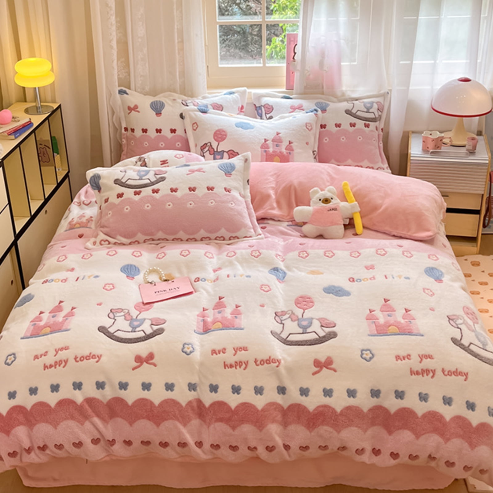 MorroMorn Twin Bedding Sets, Castle Pink Duvet Cover Set, Fluffy