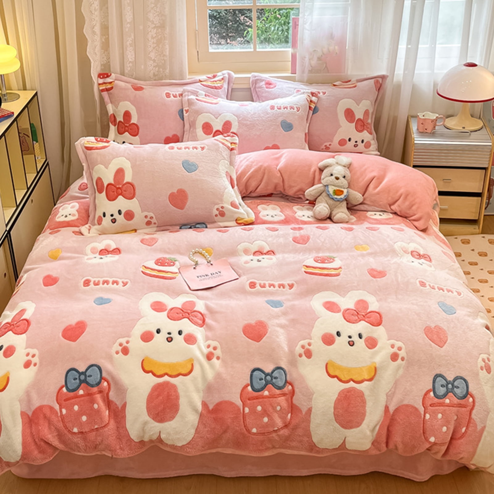 MorroMorn Twin Bedding Sets, Pink Bunny Duvet Cover Set, Fluffy
