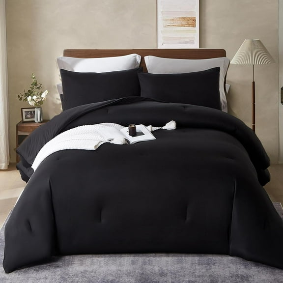 MorroMorn Twin Comforter Set, 4 Pieces Soft Bedding Sets for All Seasons, Bed in a Bag with 1 Down Alternative Duvet Insert 68×90 Inches, 2 Pillowcases and 1 Fitted Sheet (Twin/Twin XL Size, Black)