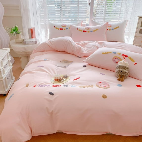 MorroMorn Twin Duvet Cover Cotton, 3D Embroidery Twin Bedding Sets Pink Bed Set All Seasons, Cute Chenille Embroidered Comforter Covers for Girls Kids Teen Preppy Dorm (Donut Pink, Twin/Twin XL)