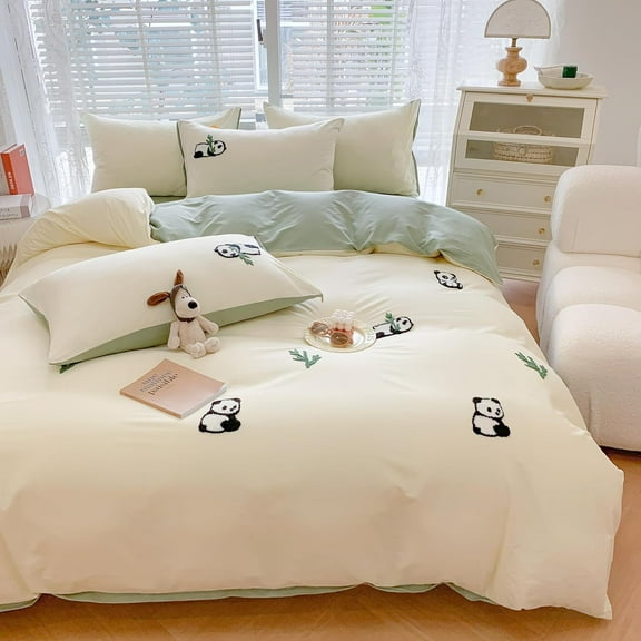MorroMorn Twin Duvet Cover Cotton, Green 3D Embroidery Twin Bedding Sets, Cute Chenille Embroidered Comforter Covers Summer Blanket Soft for Girls Boys Kids Teen Preppy Dorm (Panda, Twin/Twin XL)