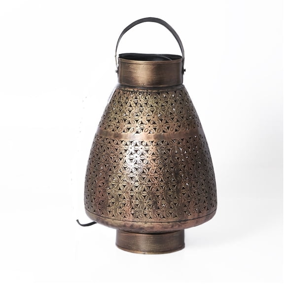 Morrocan Style Lantern Metal Lattice Table Lamp | Painted Copper Gold 16" Tall Eclectic End Table Lamp | Transitional Jali Lamp | Unique