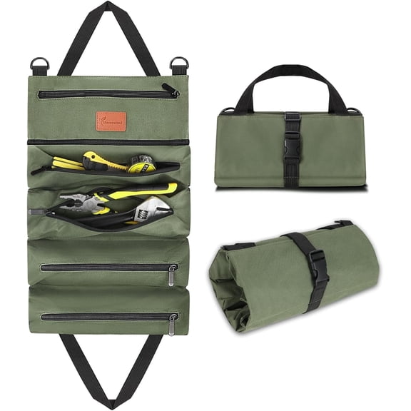 Morrowind Small Roll-Up Tool Bag, 5-Pocket Waterproof Organizer with Heavy-Duty Zipper, Green