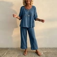 thumbnail image 1 of Morrtic Women's Eyelet Spliced 2 Piece Solid Color Set – Round Neck Half Sleeve Blouse & Wide-Leg Pants, Summer Casual Outfit Dark Blue，S, 1 of 6