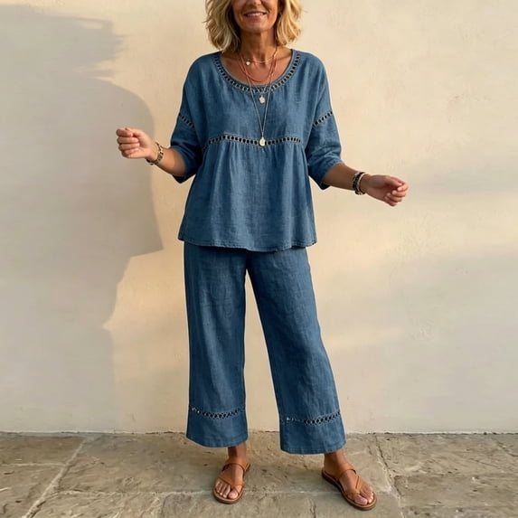 Morrtic Women's Eyelet Spliced 2 Piece Solid Color Set – Round Neck Half Sleeve Blouse & Wide-Leg Pants, Summer Casual Outfit Dark Blue,S