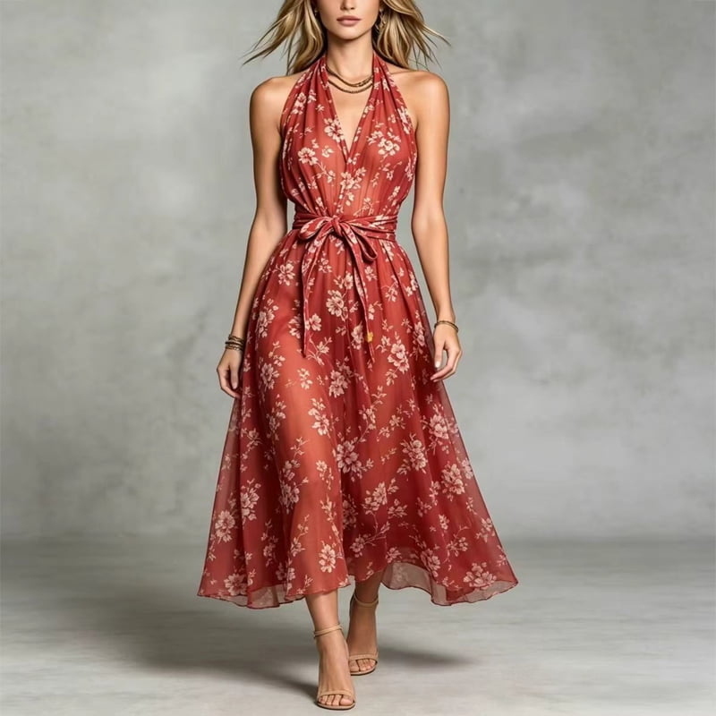 chiffon halter midi dress Floral Halter Chiffon Midi Dress - SMALL / PINK
