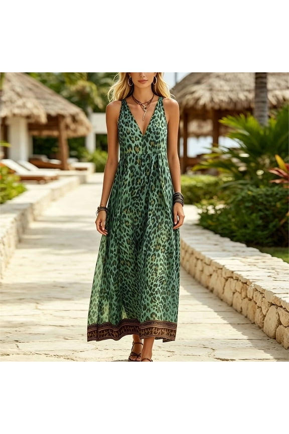 Women's Leopard Print Sleeveless V-Neck Maxi Dress – Boho Flowy Beach Long Dress, Summer Resort & Vacation Wear Green,S