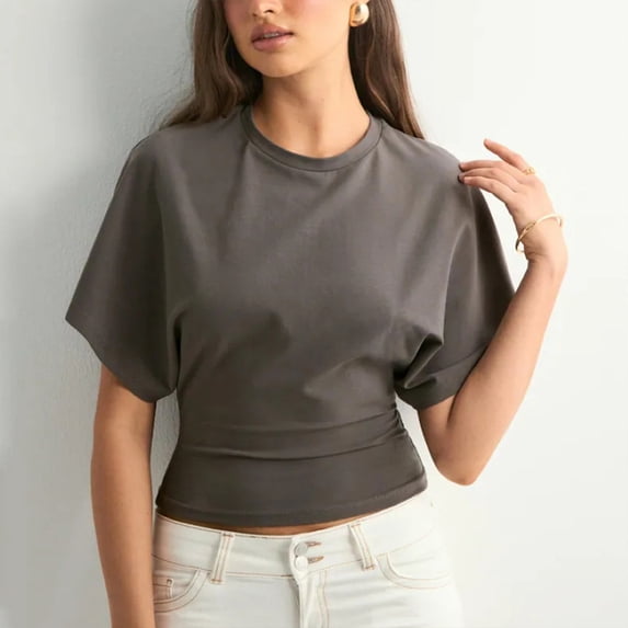 Morrtic Women's Round Neck T-Shirt with Waist Shaping – Short Sleeve Solid Color, Elegant & Gentle Spring/Summer Top Dark Gray,M