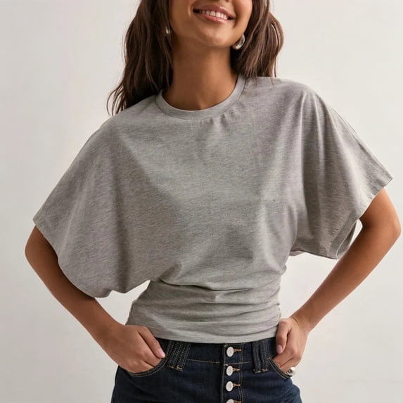 Morrtic Women's Round Neck T-Shirt with Waist Shaping – Short Sleeve Solid Color, Elegant & Gentle Spring/Summer Top Gray,XXXL