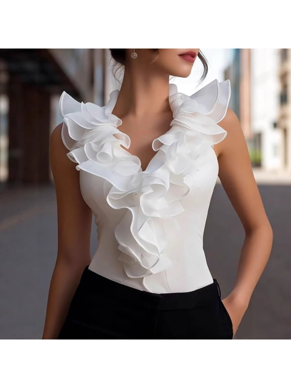 Women's Sleeveless Chiffon Ruffle V-Neck Pleated Top – Solid Color Blouse Parties & Light Formal Wear White,L