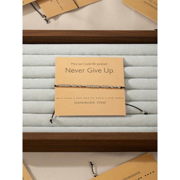 Morse Code Beaded Bracelet Never Give Up Silver Tone Cord
