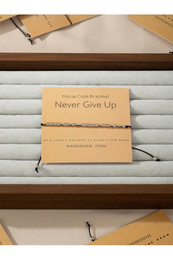 Morse Code Beaded Bracelet Never Give Up Silver Tone Cord