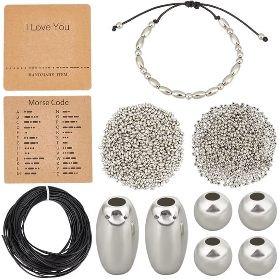 Morse Code Beading Bracelet Making Kit - Silver CCB Plastic Barrel Round Spacer Beads - I Love You Display Card - Waxed Cord Kit