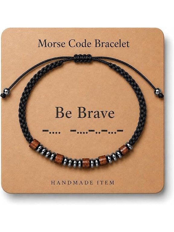 Morse Code Bracelet Secret Message Be Brave Handcrafted Beaded Wristband Adjustable Cord Inspirational Card Gift Set for Men Women
