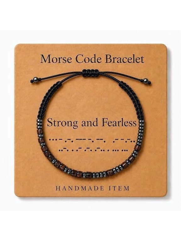 Morse Code Bracelet Secret Message Strong and Fearless Handcrafted Beaded Wristband Adjustable Cord Inspirational Card Gift Set for Men Women