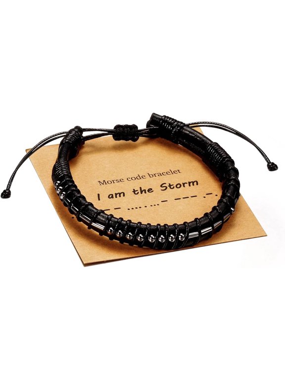 Morse Code Bracelet for Men Gunmetal Beads on Black Leather Adjustable Inspirational Gift for Dad Husband Son Boyfriend Best Friend-iamthestorm-