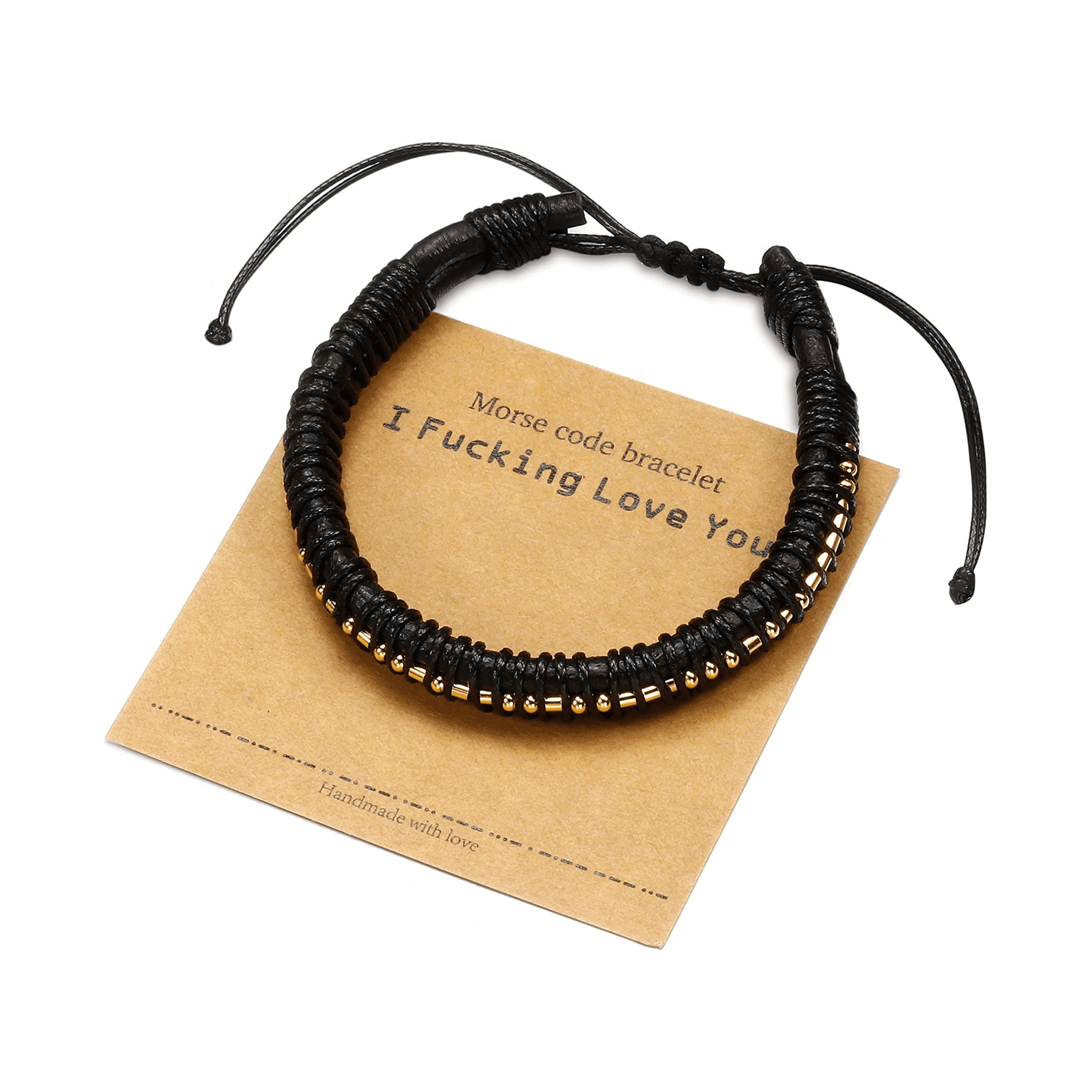 Morse Code Bracelets Gifts for Men, Black Beads Leather Bracelet for