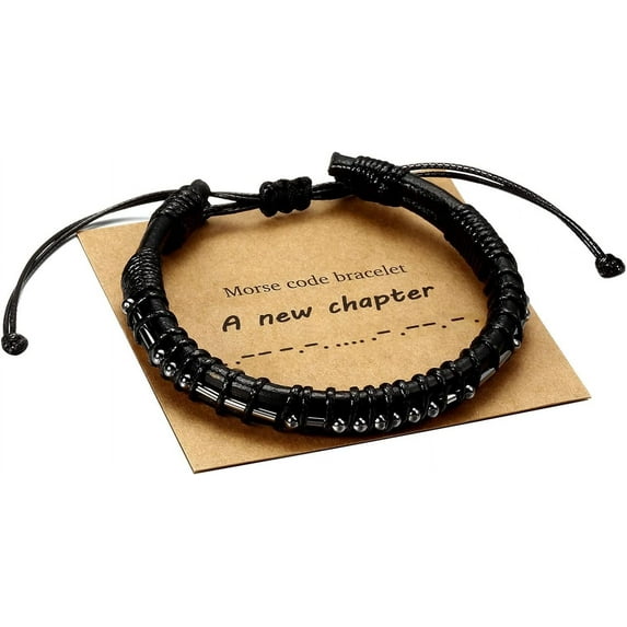Morse Code Bracelets for Men, Gunmetal Beads on Black Leather Bracelets for Mens Gifts Inspirational Gifts for Him Best Friend Boyfriend Husband Son Dad Grandpa Boys Brother Mens Jewelry