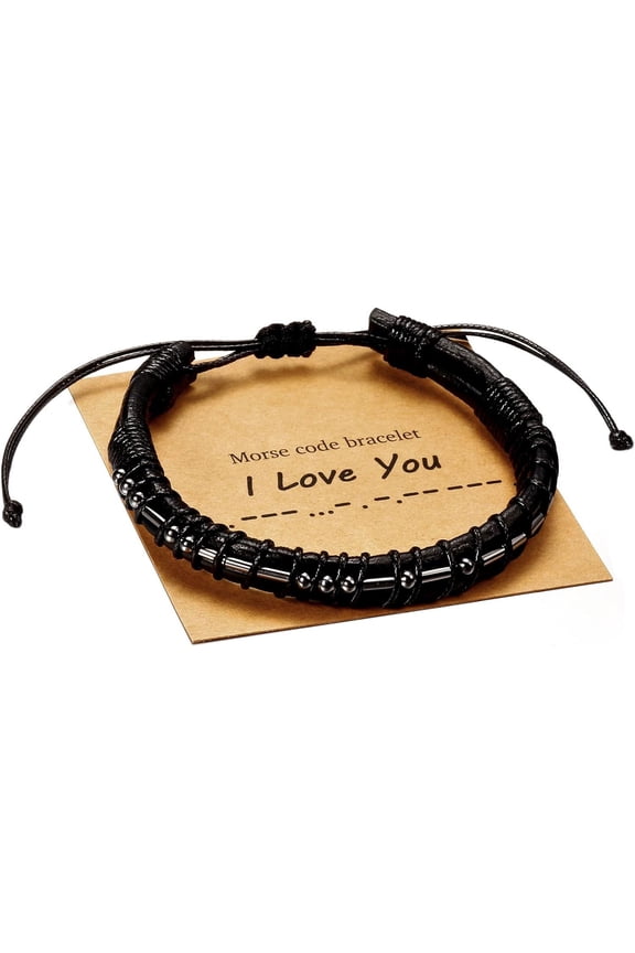 Morse Code Bracelets for Men, Gunmetal Beads on Black Leather Bracelets for Mens Gifts Inspirational Gifts for Him Best Friend Boyfriend Husband Son Dad Grandpa Boys Brother Mens Jewelry
