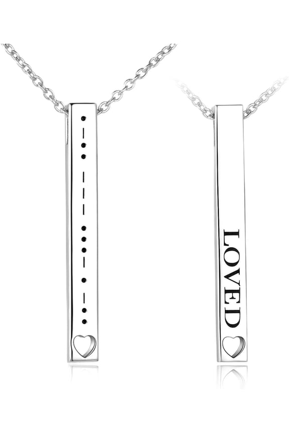Morse Code Necklace for Women LOVED Engraved Message Inspirational Vertical Bar Pendant Memory Jewelry Gifts for Family Friends