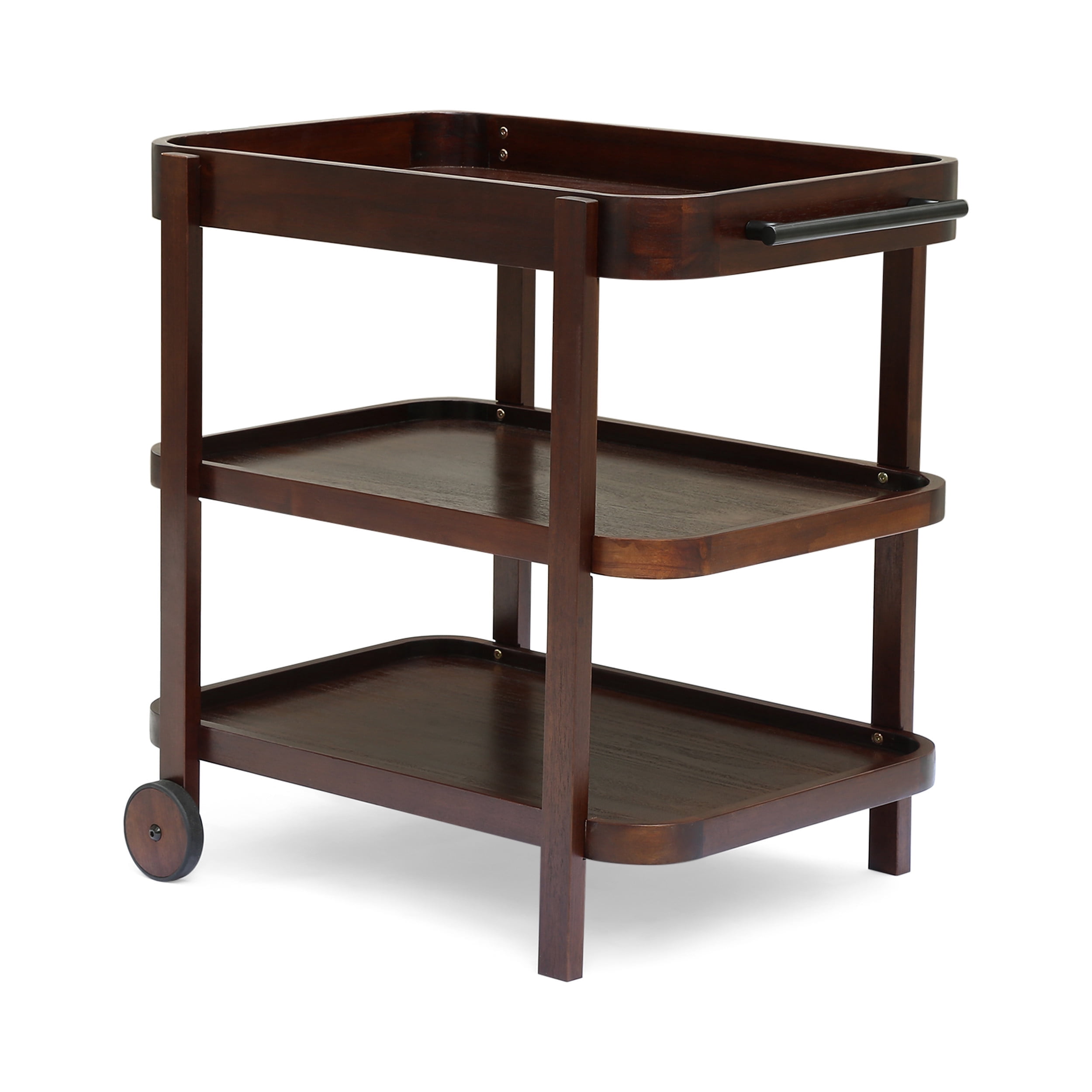 Morse Rustic Acacia Wood Bar Cart with Shelves, Brown Mahogany