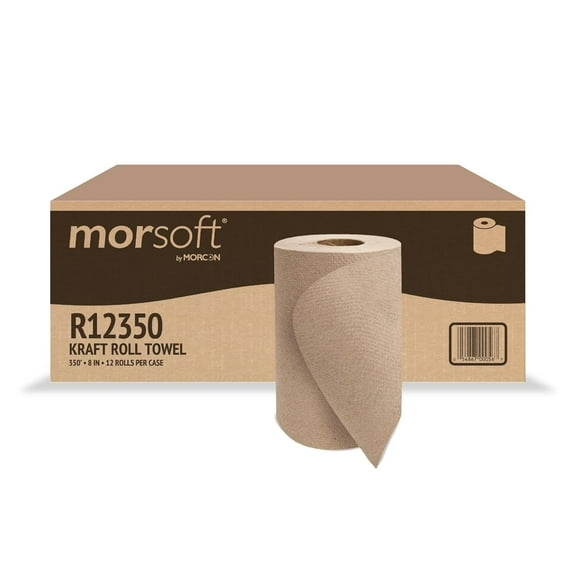 Morsoft by Morcon R12350 Universal Hardwound Roll Towels, 1-Ply, 8" x 350 ft, Brown/Kraft, 12 Count