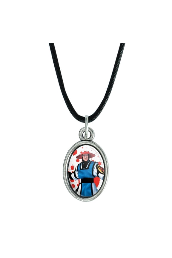 Mortal Kombat Klassic Raiden Character Antiqued Oval Charm Pendant with Black Satin Cord