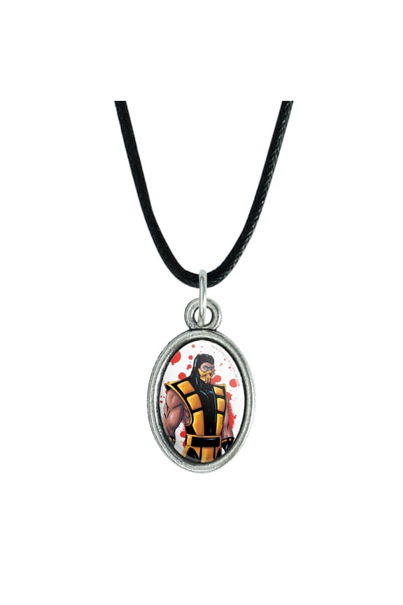 Mortal Kombat Klassic Scorpion Character Antiqued Oval Charm Pendant with Black Satin Cord