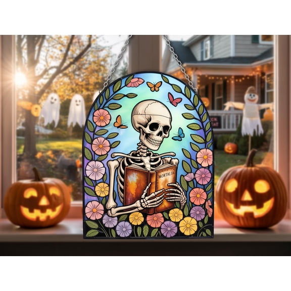 Mortalia Skeleton Wavy Acrylic Suncatcher | Gothic Window Hanging with Flowers & Book | Halloween Macabre Art Gift for Readers