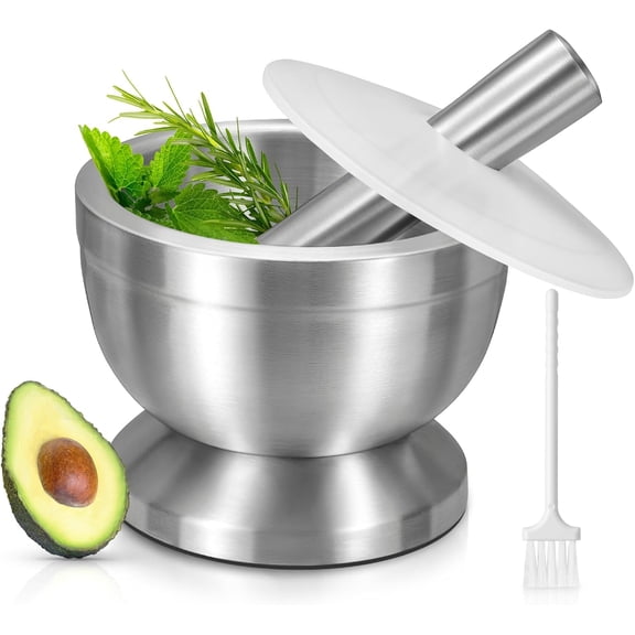 Mortar and Pestle, 18/8 Stainless Steel Spice Grinder Pill Crusher with Lid for Crushing Grinding Ergonomic Design with Anti Slip Base and Comfy Grip