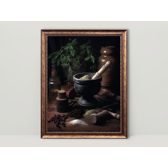 Mortar And Pestle, Dark Cottagecore Poster, Botanical Decor, Vintage, Antique Apothecary Aesthetic, Witchy Kitchen Decor Home Decor UNFRAMED Poster, Wall Art for Decor, Present, 12x18
