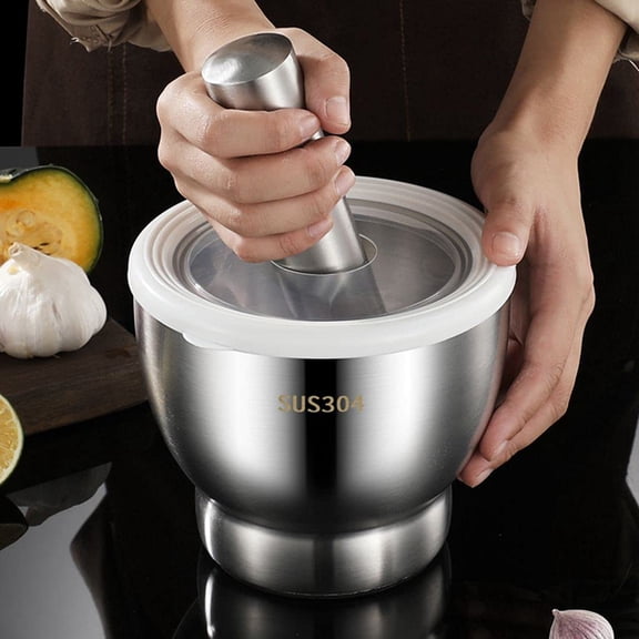 Mortar and Pestle Set 5 Inch Large Capacity Stainless Steel Heavy Polished, Enhanced Performance Spice Grinder with Lid