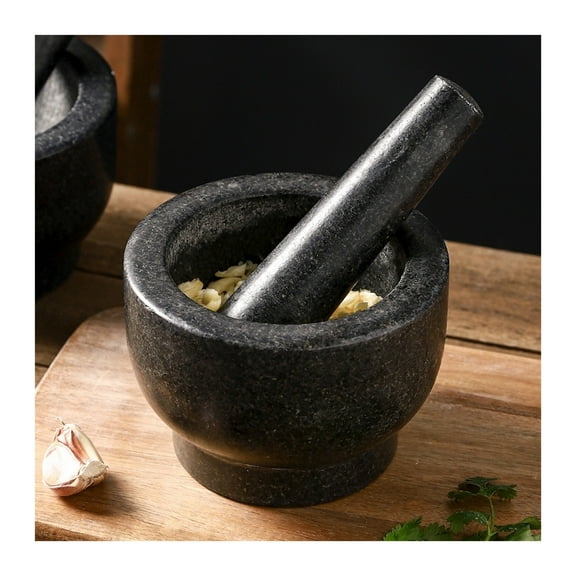 Mortar and Pestle Set - Black Granite Polished Exterior - 5.4 inch - 2 Cup Capacity