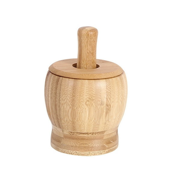 Mortar and Pestle Set, Manual Bamboo Grinder with Anti-Splashing Lid for Garlic, Ginger, Nuts, Kitchen Tool for Food Prration and Seasoning
