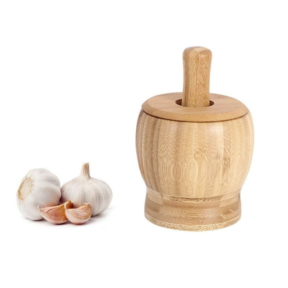 Mortar and Pestle Set - Premium Bamboo Bowl Garlic Press Grinder Crusher