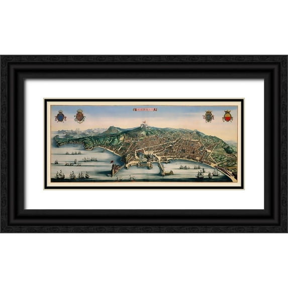 Mortier 14x8 Black Ornate Wood Framed with Double Matting Museum Art Print Titled - Naples Italy - Mortier 1704