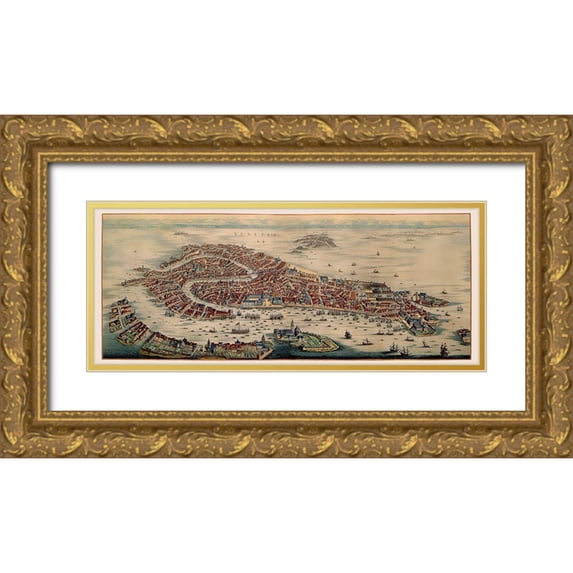 Mortier 24x12 Gold Ornate Wood Framed with Double Matting Museum Art Print Titled - Venice Panoramic Italy - Mortier 1704