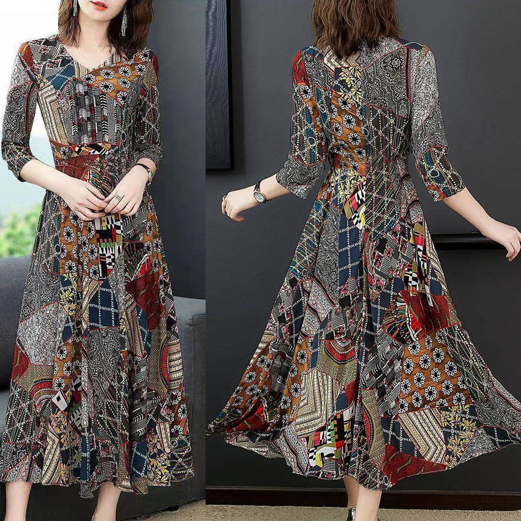 Mortilo Women V-Neck Seven-Quarter Sleeve Long Dress Ladies Floral Print  A-Line Dress