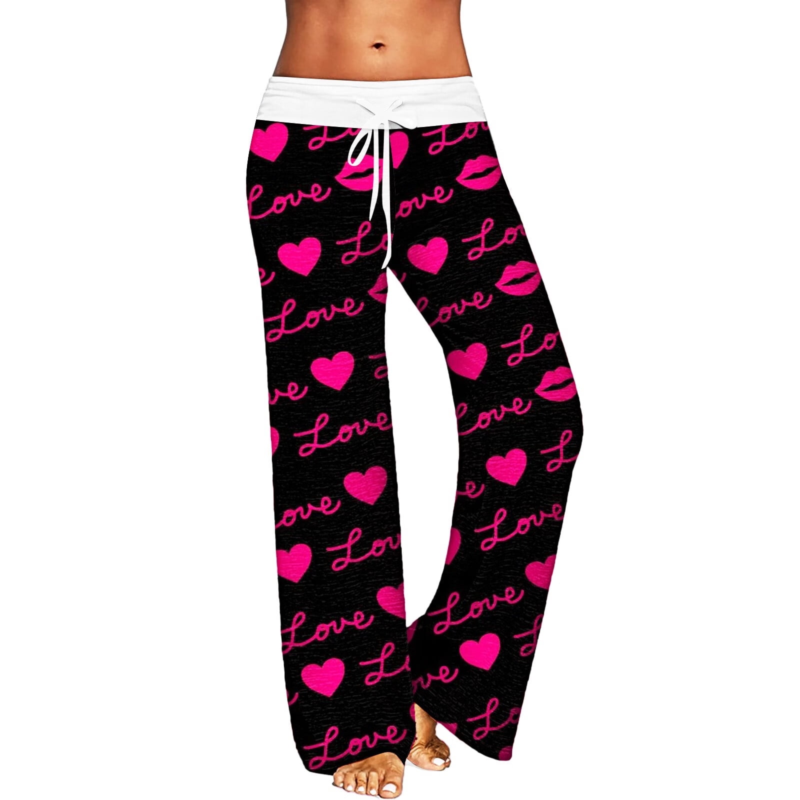 Mortilo Womens Slacks Valentine's Day Printed Love PrintHome Trousers  Drawstring Waist Wide Leg Slacks Pant Casual Pants Hot Pink  Polyester,Spandex XL 