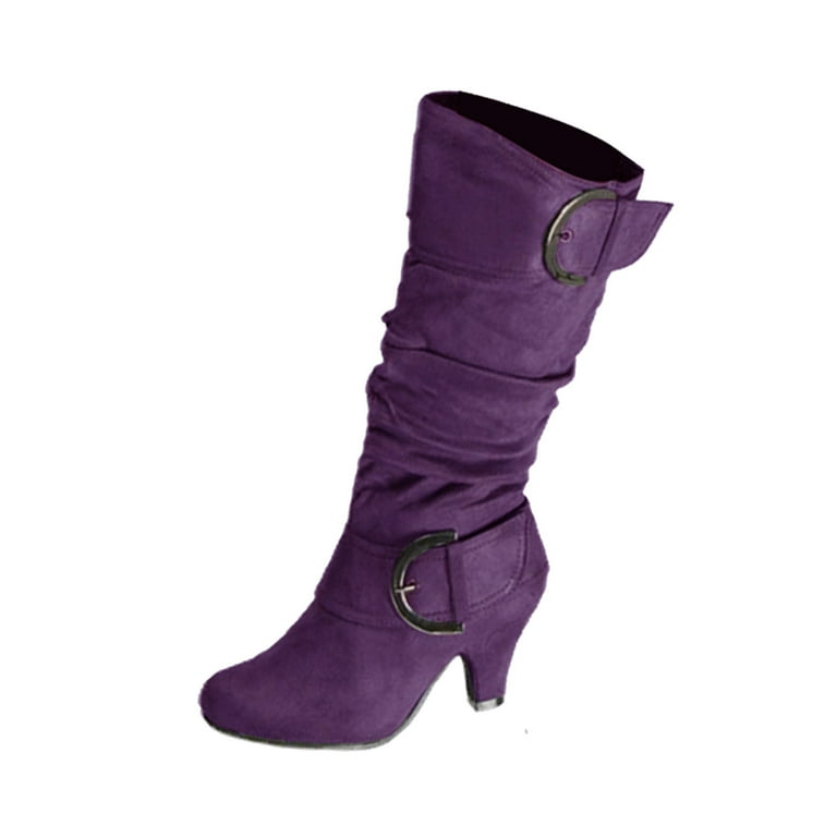 Mortilo Womens Slouchy Knee High Boots Wide High Heel Pointed Toe Pull On Long Boots Winter Shoes Purple Flock Walmart